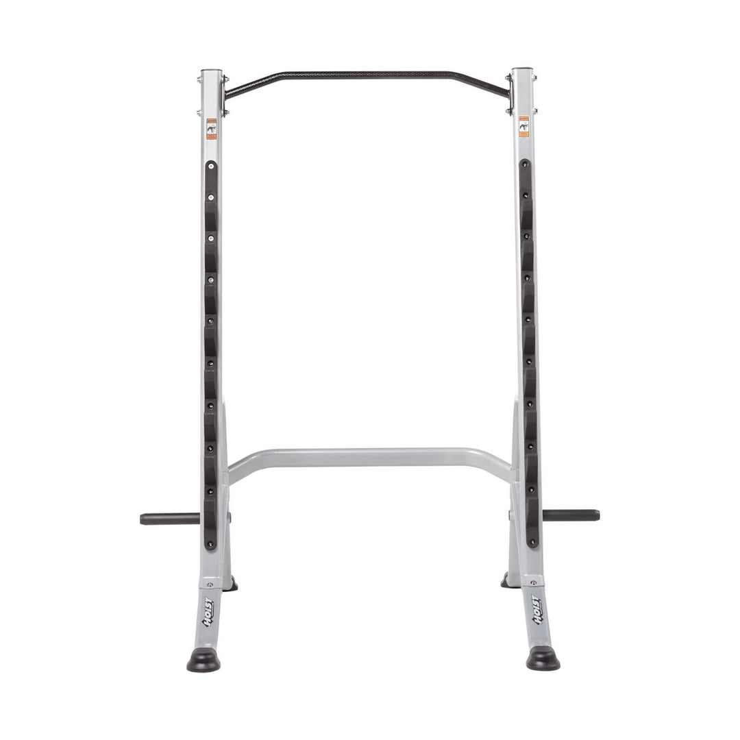 Multi purpose squat rack front view showing stable frame and pull up bar for versatile strength training