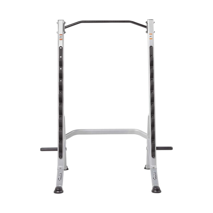 Multi purpose squat rack front view showing stable frame and pull up bar for versatile strength training