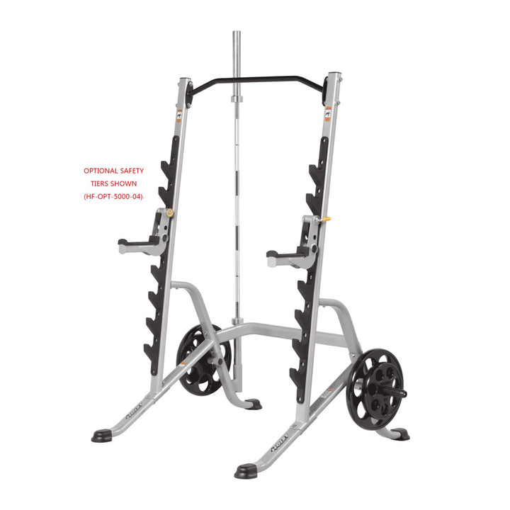 Multi purpose squat rack loaded with barbell and plates for complete strength training and weightlifting setup