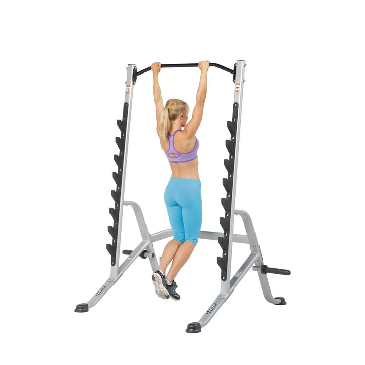 Multi purpose squat rack pull up bar for upper body strength and functional fitness training exercises