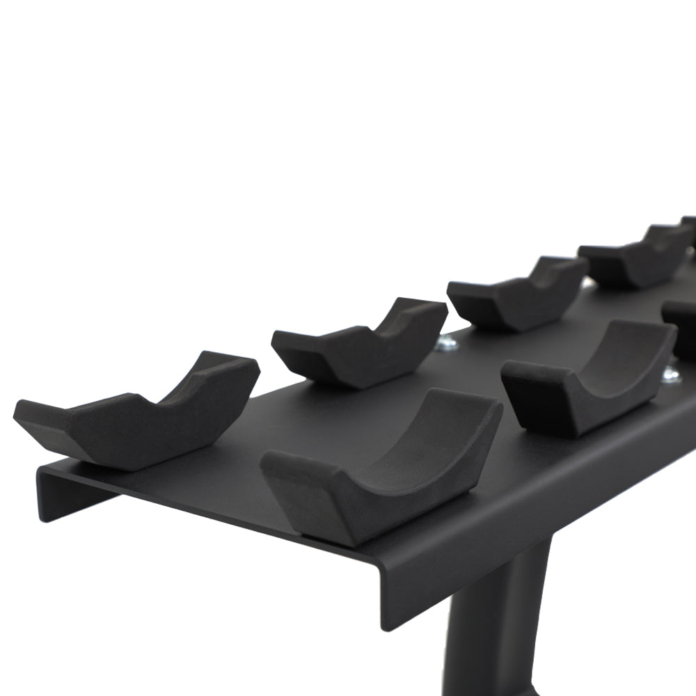 Close-up of protective nylon dumbbell saddle on commercial rack