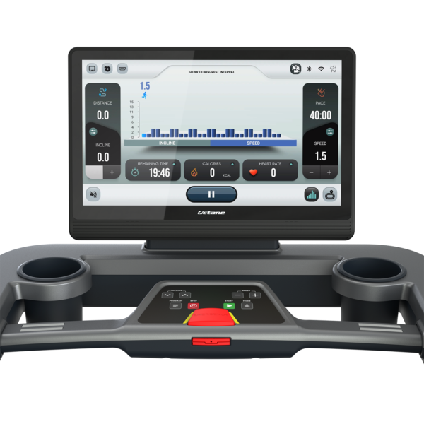 Octane OC220 treadmill touchscreen and control panel with cup holders and center controls