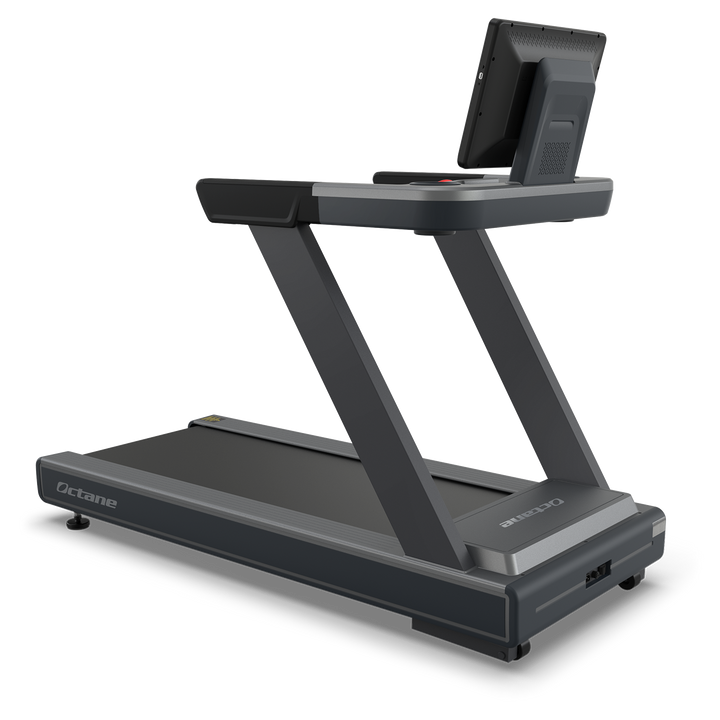 Octane OC220 treadmill shown from a rear angle with running deck and touchscreen