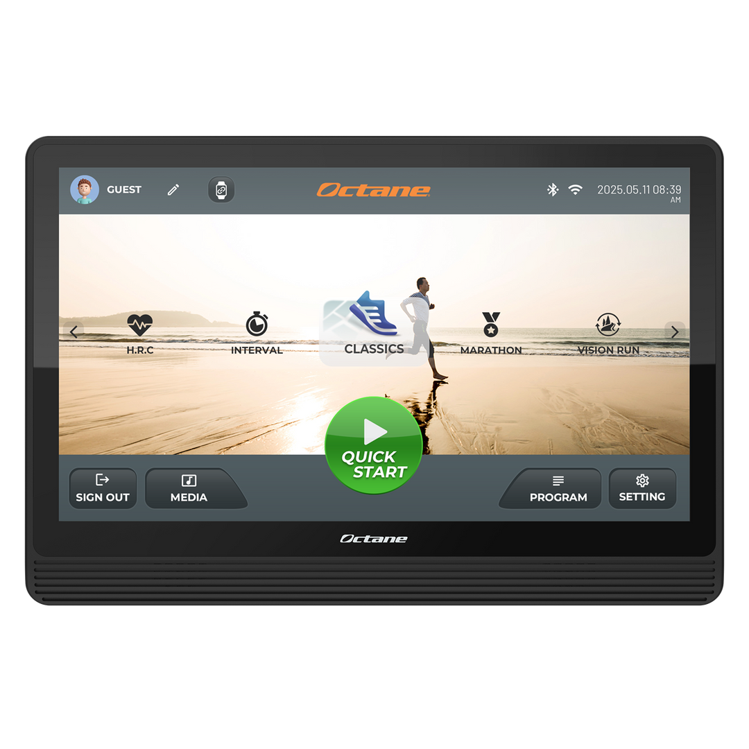 Octane OC220 treadmill 22-inch touchscreen displaying workout program options
