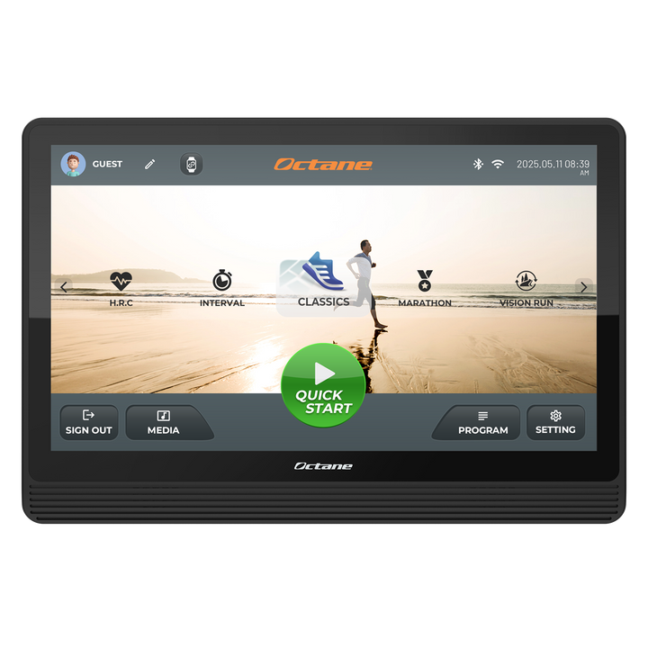 Octane OC220 treadmill 22-inch touchscreen displaying workout program options
