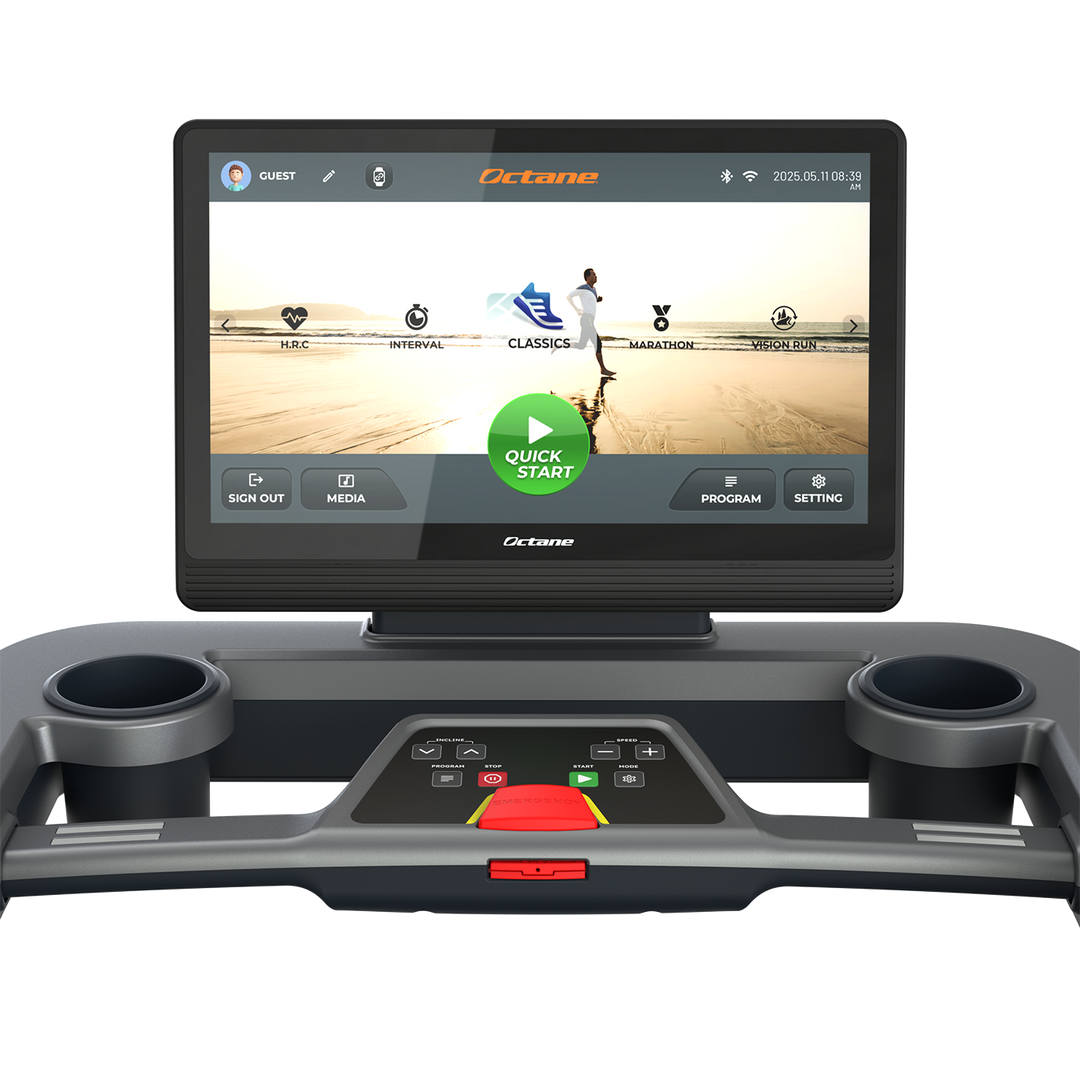 Octane OC220 treadmill console displaying a workout interface above the control panel
