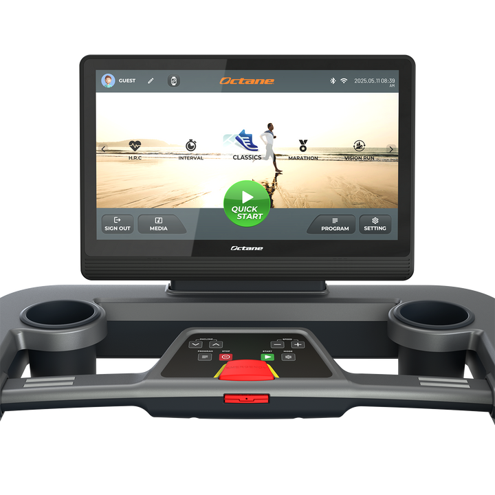 Octane OC220 treadmill console displaying a workout interface above the control panel