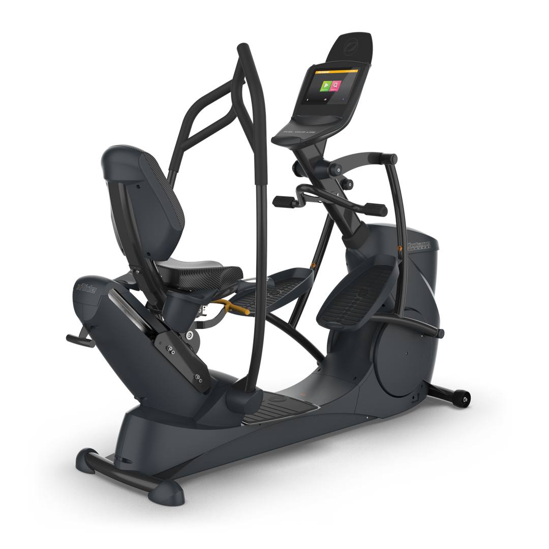 Octane xRide xR6 recumbent elliptical angled view showing seat, MultiGrip handlebars, and console