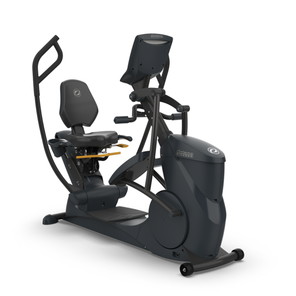 Rear angle of Octane xRide xR6 recumbent elliptical showing seat, frame, handlebars, and console