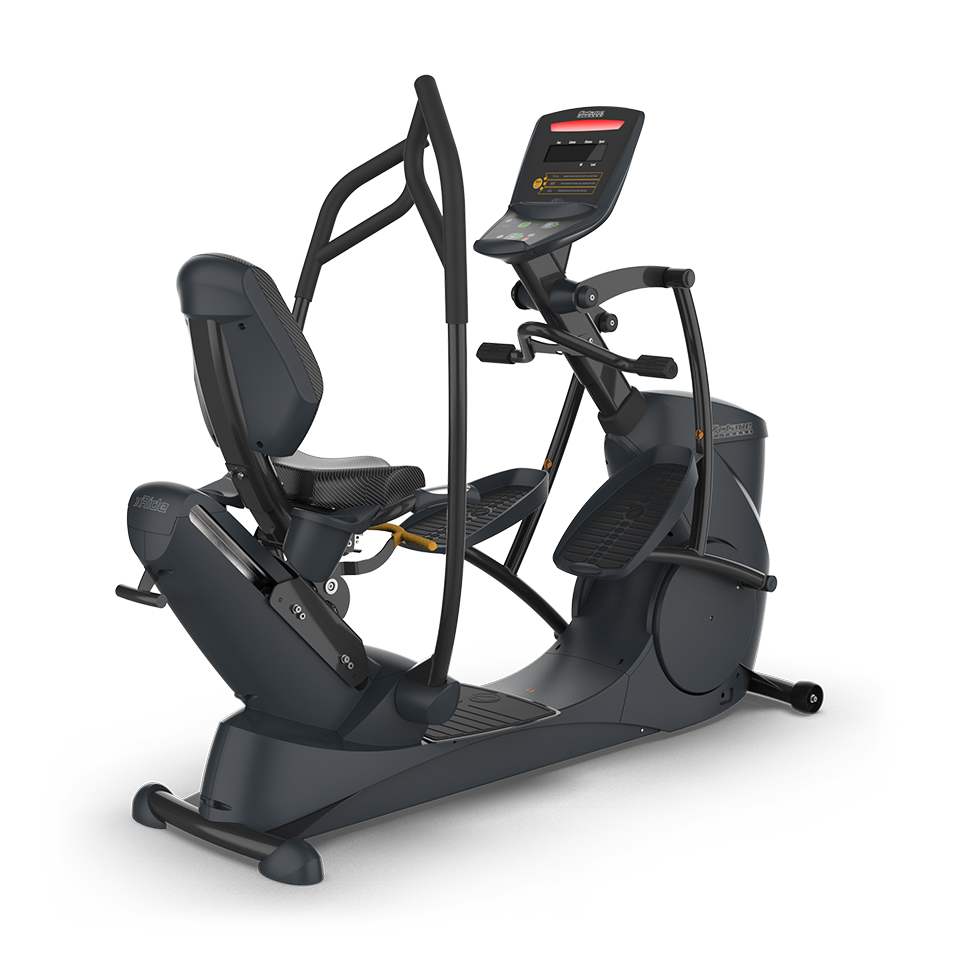 Octane xRide xR6 recumbent elliptical front angle with seat, MultiGrip handlebars, pedals, and console