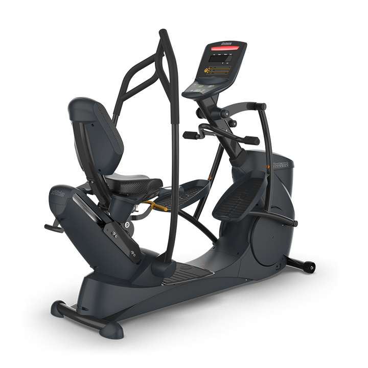 Octane xRide xR6 recumbent elliptical front angle with seat, MultiGrip handlebars, pedals, and console