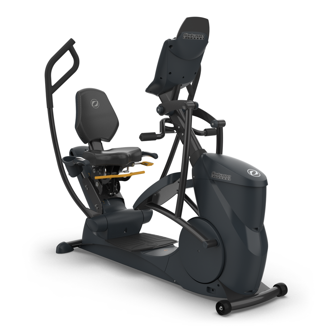 Three-quarter view of Octane xRide xR6 recumbent elliptical with supportive seat and moving handlebars