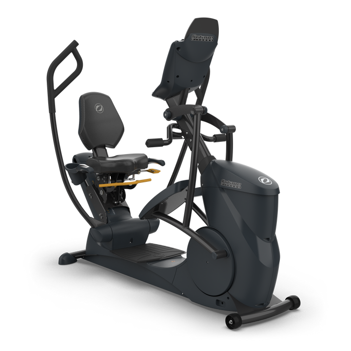 Three-quarter view of Octane xRide xR6 recumbent elliptical with supportive seat and moving handlebars