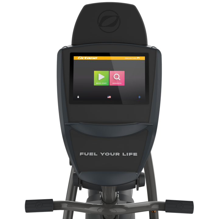 Front view of Octane xRide xR6 recumbent elliptical touchscreen console and stationary handlebars
