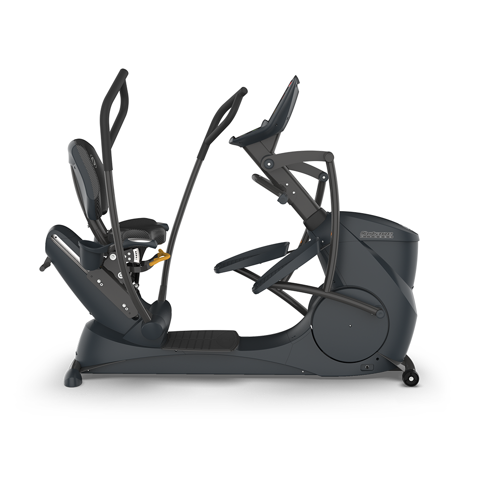 Side view of Octane xRide xR6 recumbent elliptical with seated design, pedals, and MultiGrip handlebars