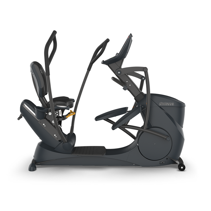 Side view of Octane xRide xR6 recumbent elliptical with seated design, pedals, and MultiGrip handlebars