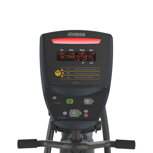 Front view of Octane xRide xR6x recumbent elliptical standard console and stationary handlebars