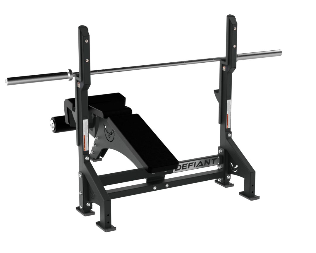 Angled view of the Defiant Strength Olympic decline bench with decline pad.