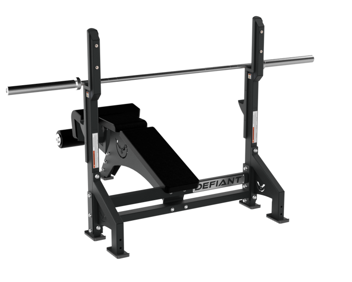 Angled view of the Defiant Strength Olympic decline bench with decline pad.