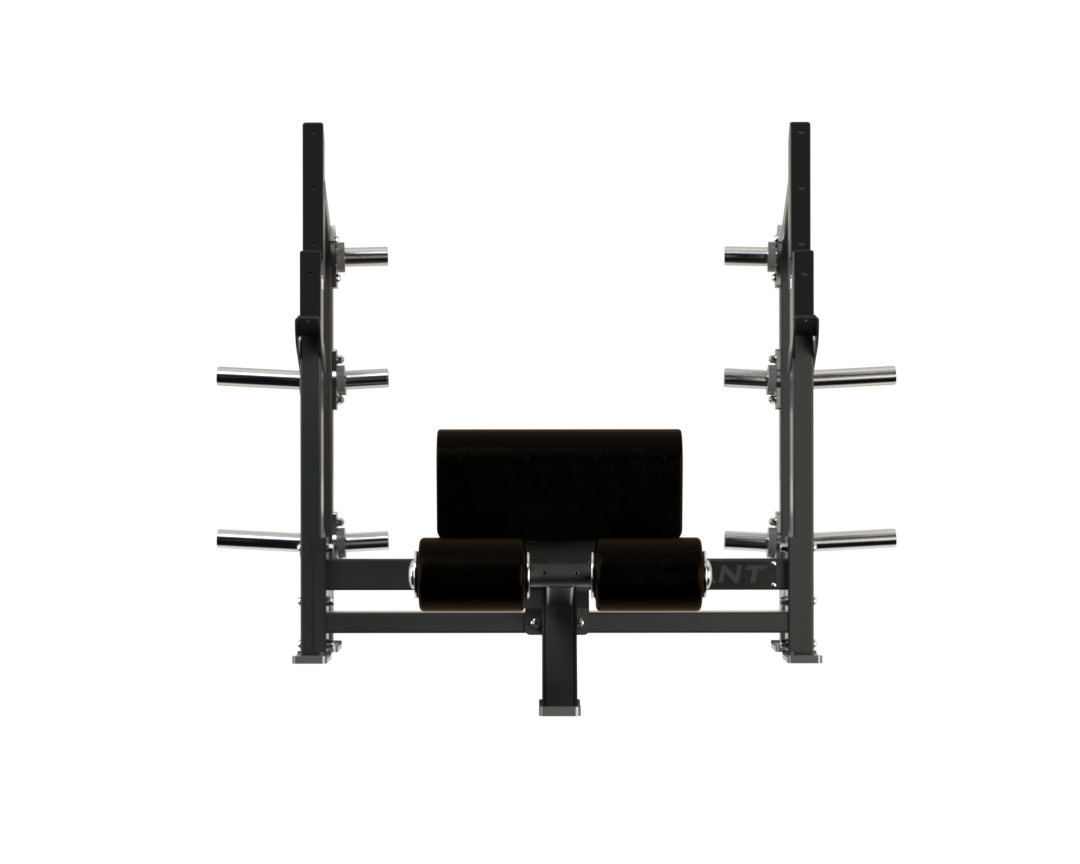 Front view of the Defiant Strength Olympic decline bench with Olympic bar supports.