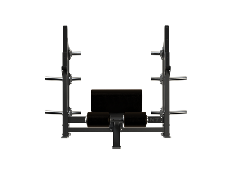 Front view of the Defiant Strength Olympic decline bench with Olympic bar supports.