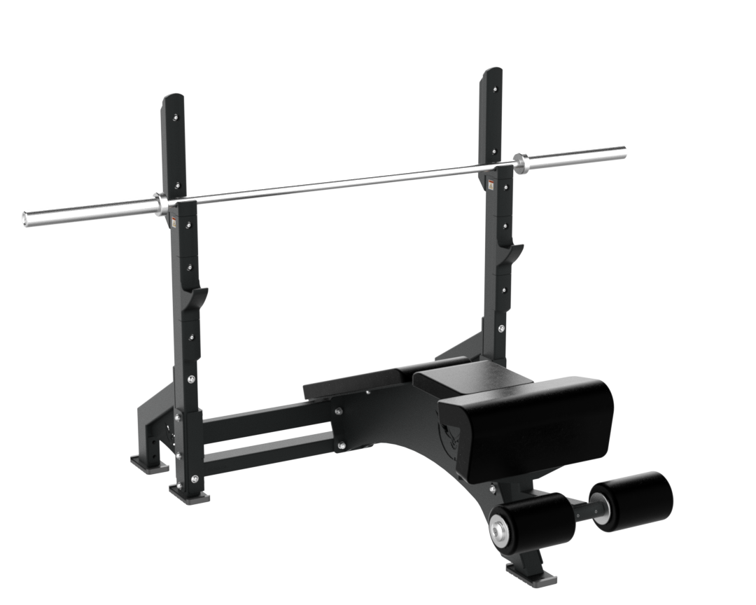 Side view of the Defiant Strength Olympic decline bench and spotter platform.