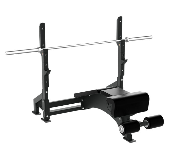 Side view of the Defiant Strength Olympic decline bench and spotter platform.