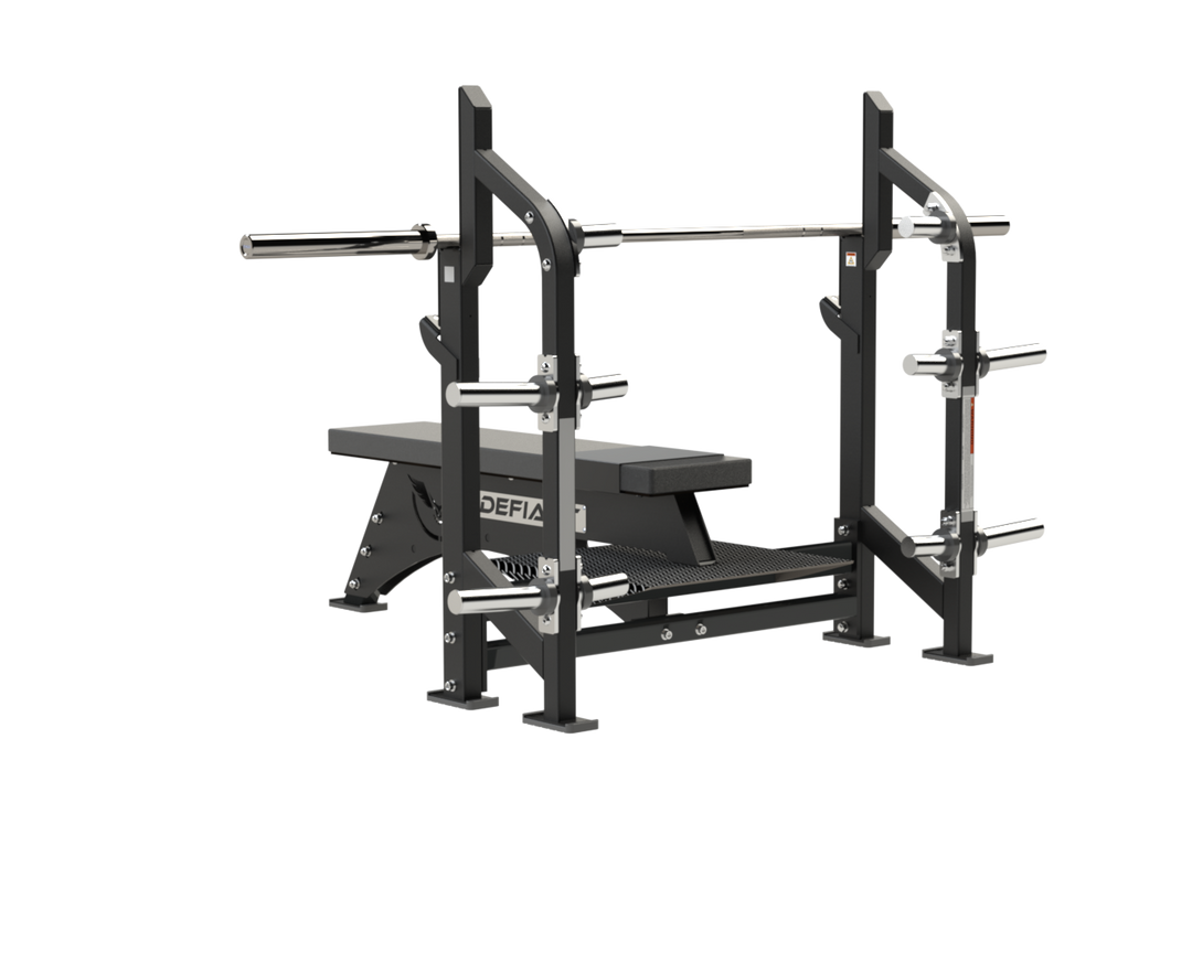 Angled view of the Defiant Strength Olympic flat bench with integrated bar supports.