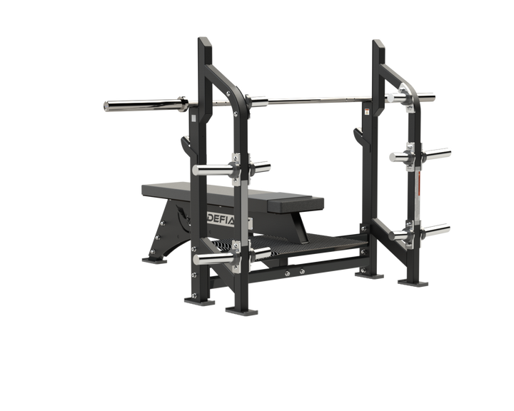 Angled view of the Defiant Strength Olympic flat bench with integrated bar supports.