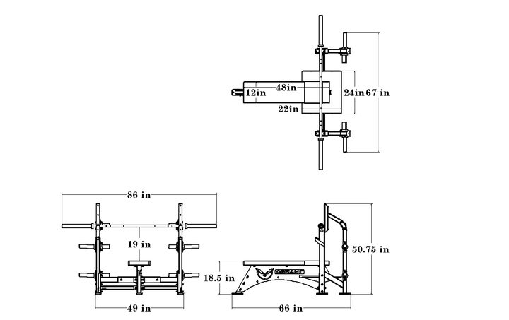 Dimension diagram for the Defiant Strength Olympic flat bench.