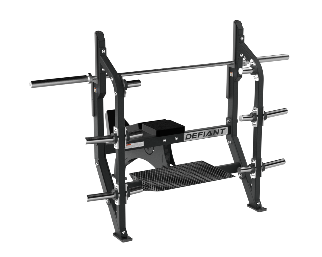 Angled view of the Defiant Strength Olympic incline bench with Olympic bar supports.