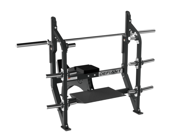 Angled view of the Defiant Strength Olympic incline bench with Olympic bar supports.