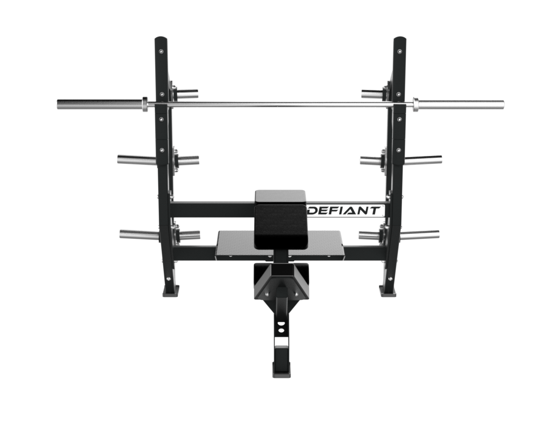 Front view of the Defiant Strength Olympic incline bench showing the bench and bar supports.