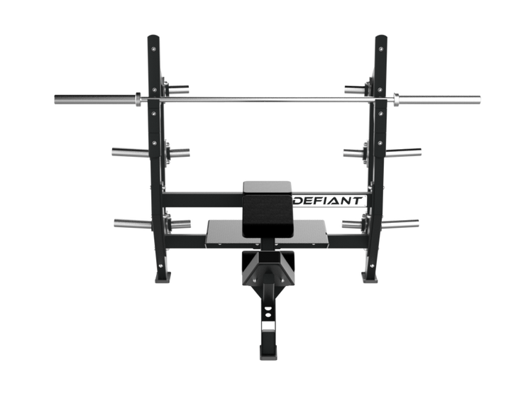 Front view of the Defiant Strength Olympic incline bench showing the bench and bar supports.