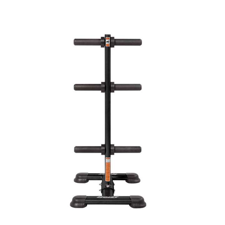 Olympic weight tree storage rack front view with evenly spaced plate pegs for efficient gym organization