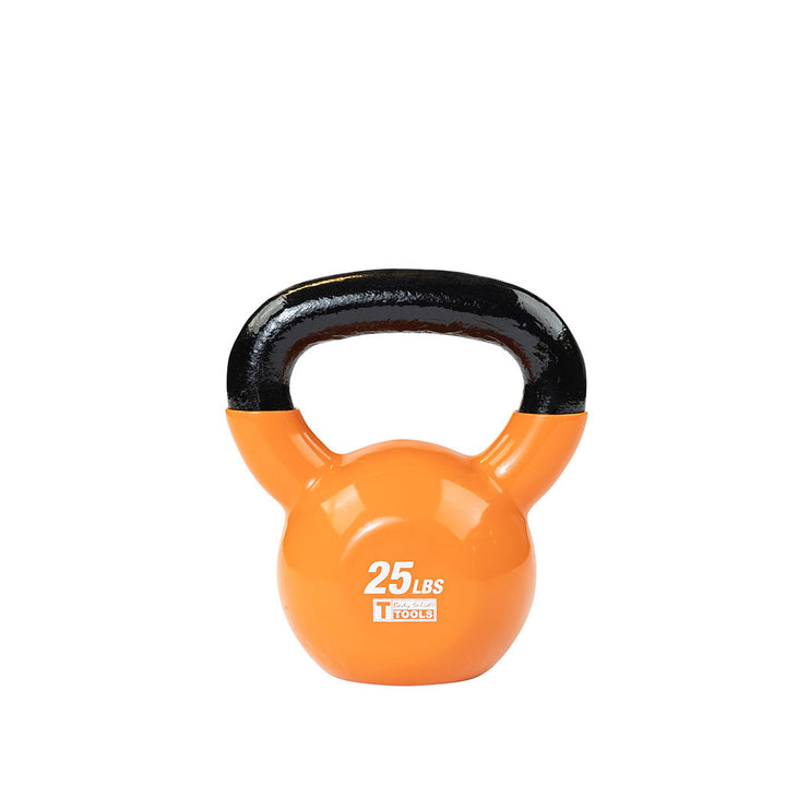 Orange 25 lb kettlebell with black handle