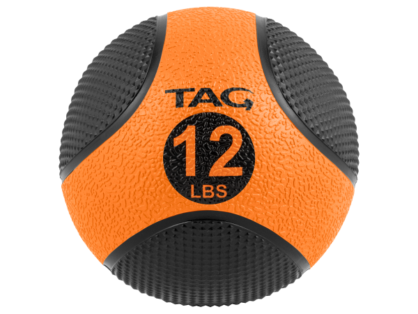 Orange and black size 12 medicine ball with textured grip surface