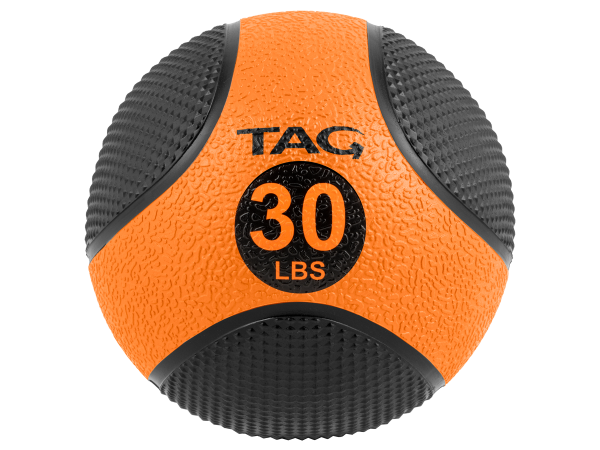 Orange and black size 30 medicine ball with textured grip surface