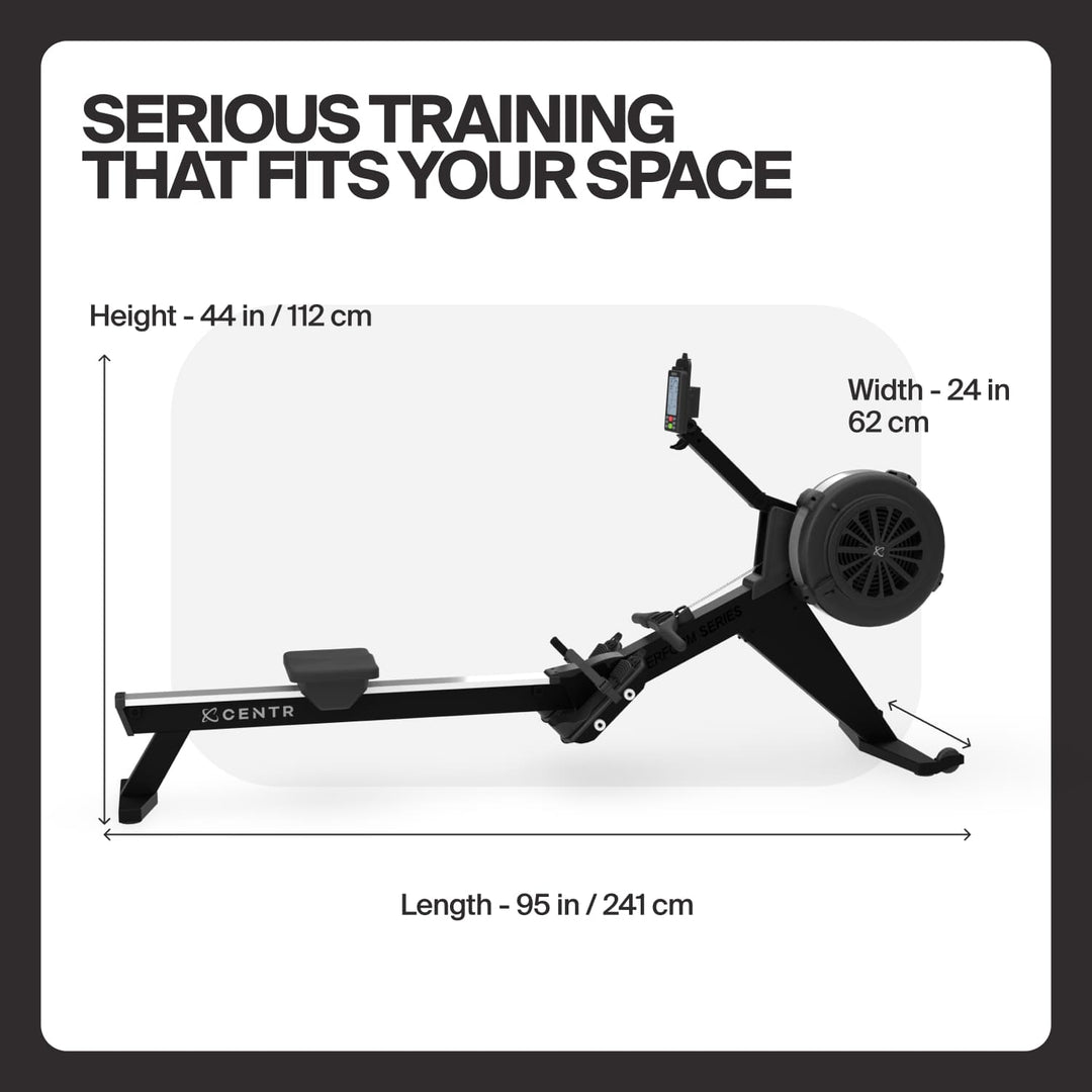 Dimensions diagram showing the size of the Centr Perform Series rowing machine.