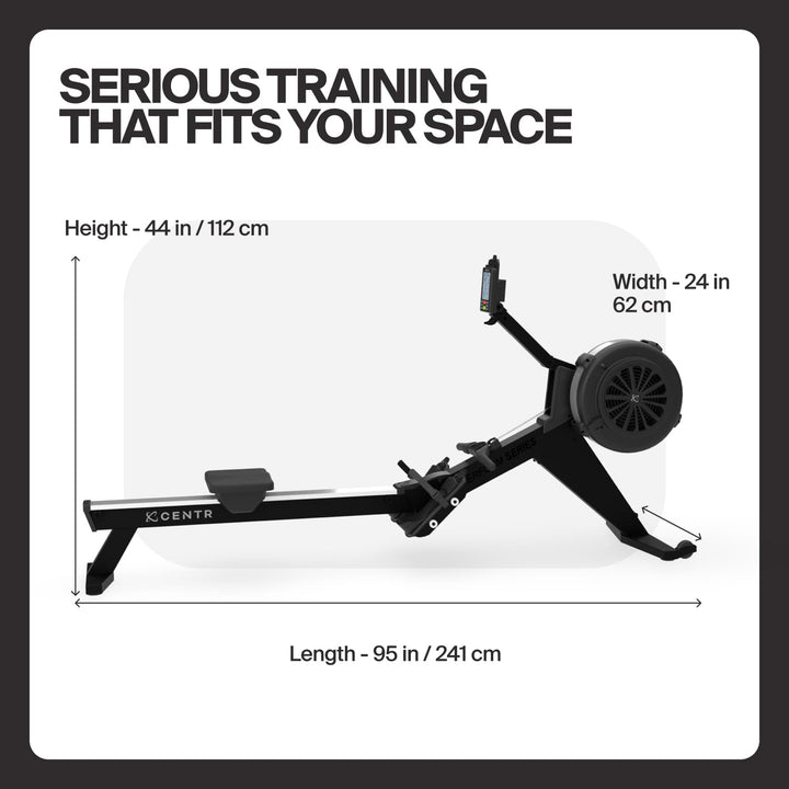 Dimensions diagram showing the size of the Centr Perform Series rowing machine.