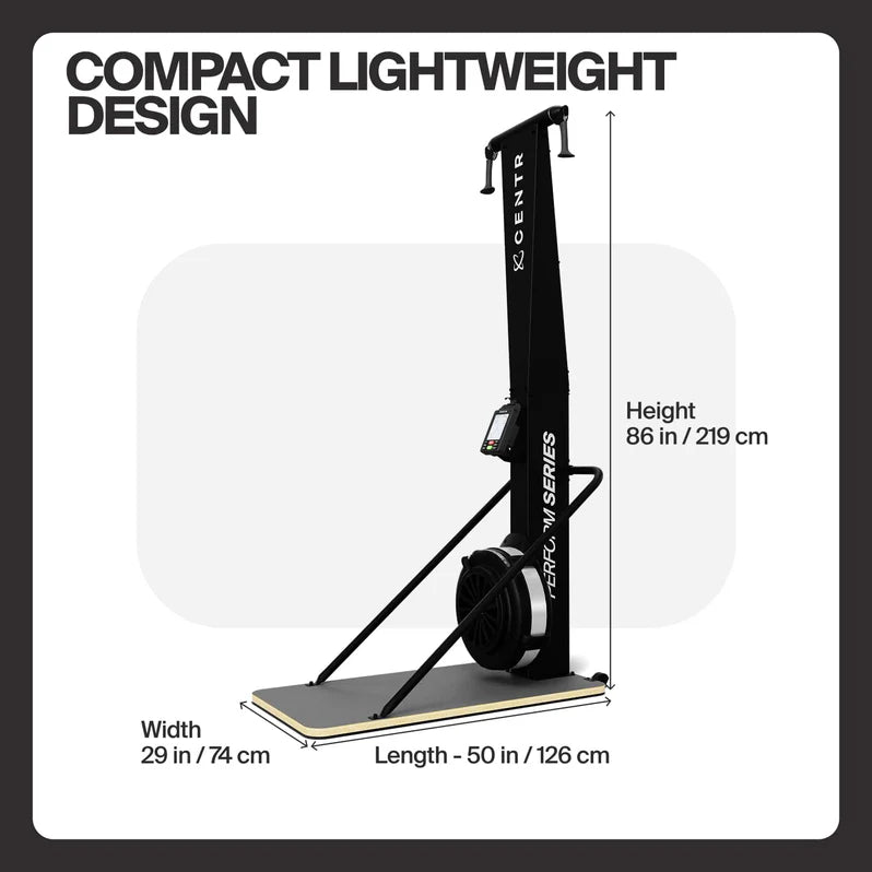 Dimensions of the Centr Perform Series ski machine with compact footprint measurements.