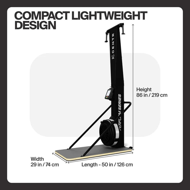 Dimensions of the Centr Perform Series ski machine with compact footprint measurements.