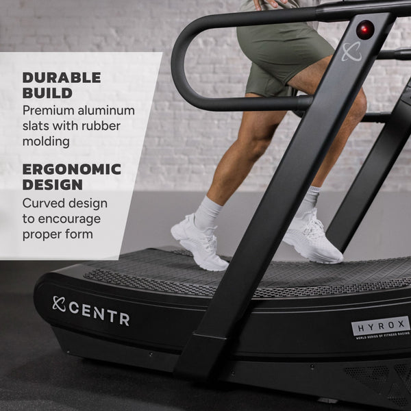 Centr x HYROX Perform Treadmill with premium aluminum slats with rubber molding and a curved, ergonomic design