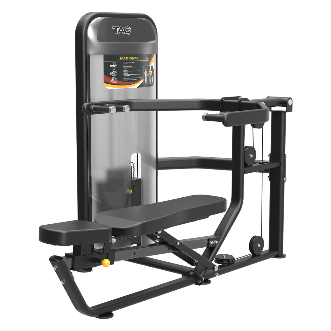 Performance Line Multipress Dual Select strength machine with black frame, padded seat, and selectorized weight stack