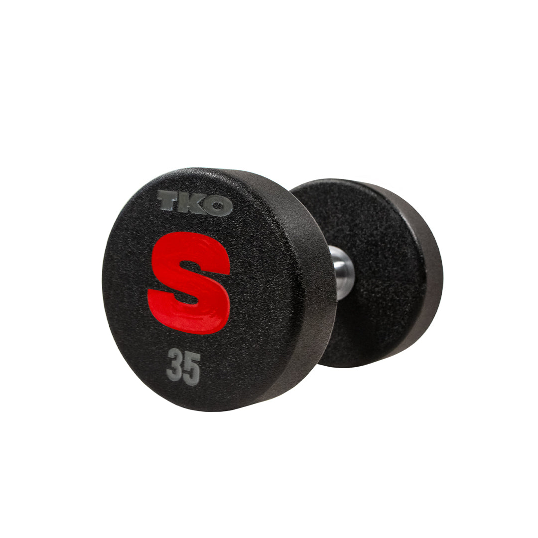 Personalized urethane dumbbells with custom graphics and commercial construction