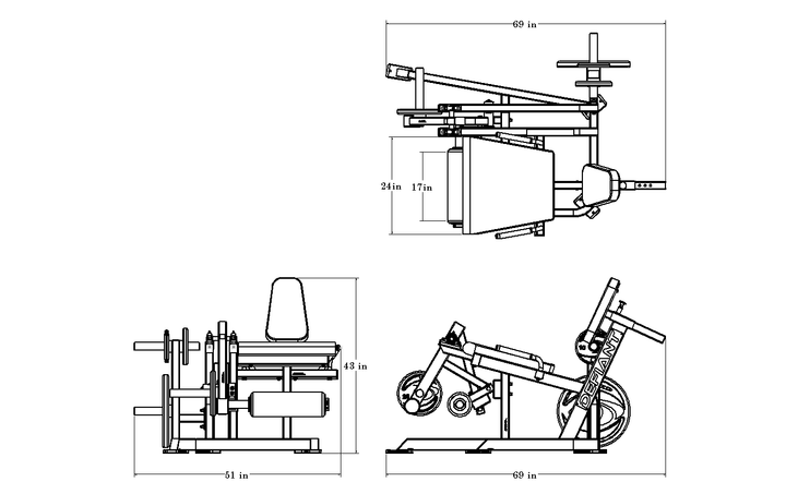 Dimension drawing of the Defiant Strength plate loaded leg extension machine.