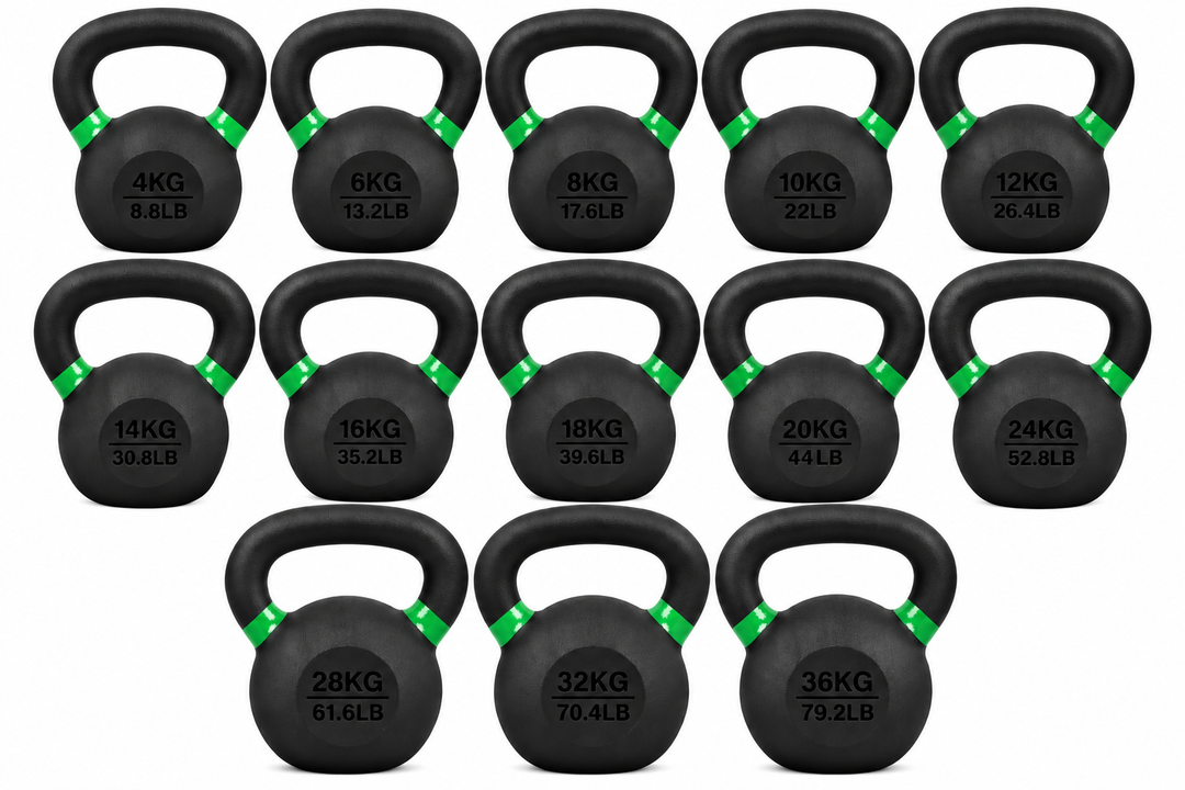 set of black powder coated kettlebells in multiple sizes with weight recognition stripes