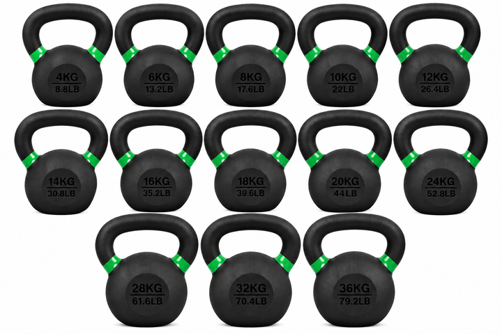 set of black powder coated kettlebells in multiple sizes with weight recognition stripes