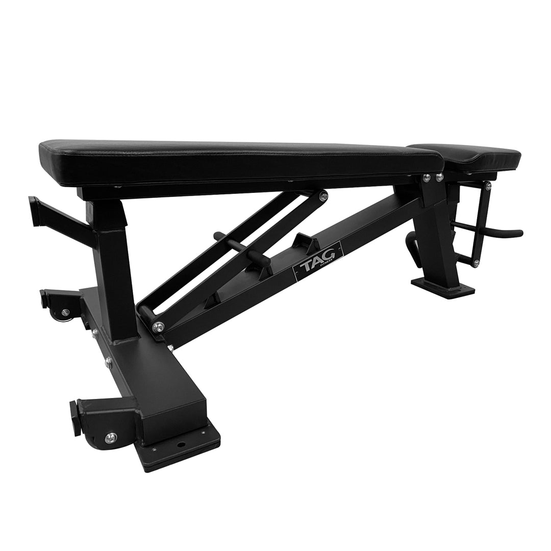 Black adjustable power bench shown in a flat position with a 12-inch-wide padded backrest