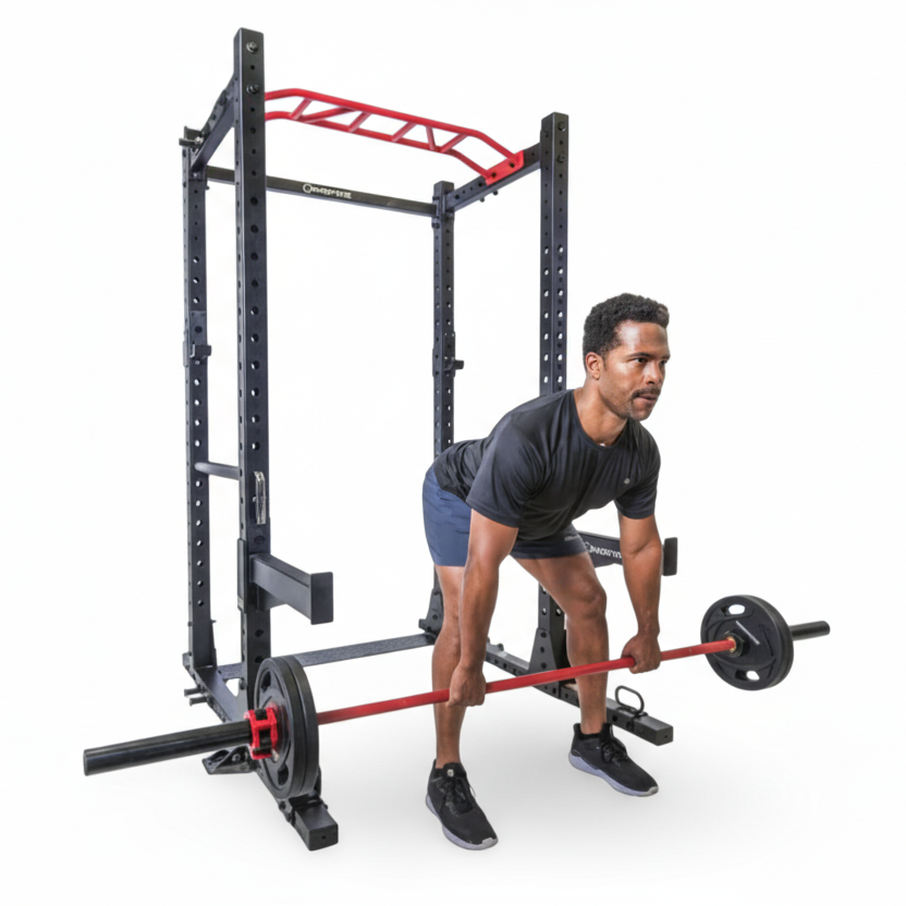 athlete performing barbell deadlift in front of power cage for lower body and strength training exercises